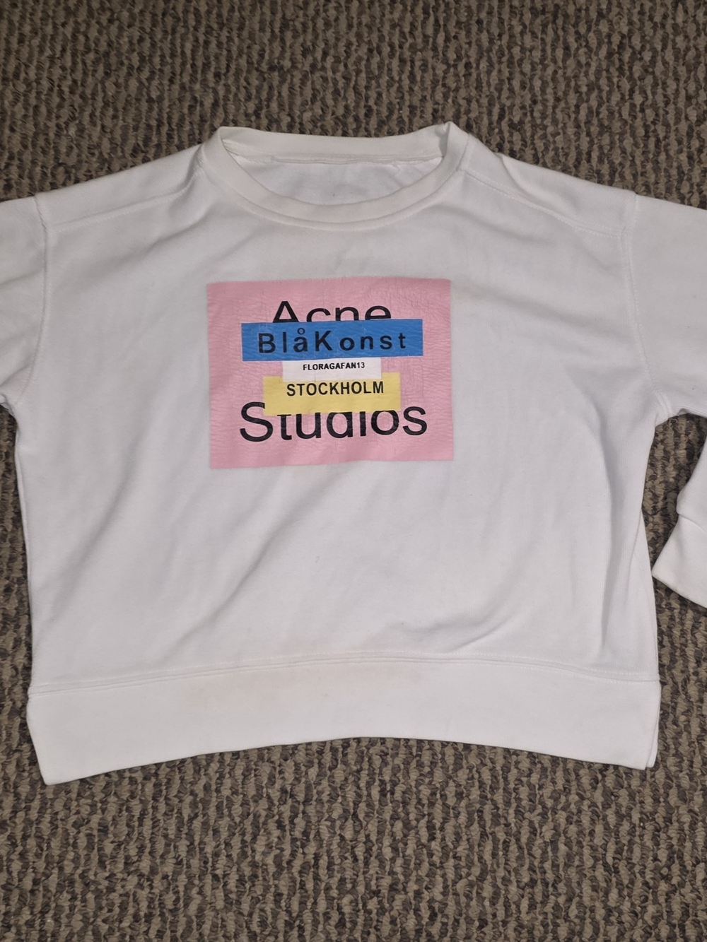 Acne White Sweatshirt with Pink, Blue and Yellow Logo Blocks